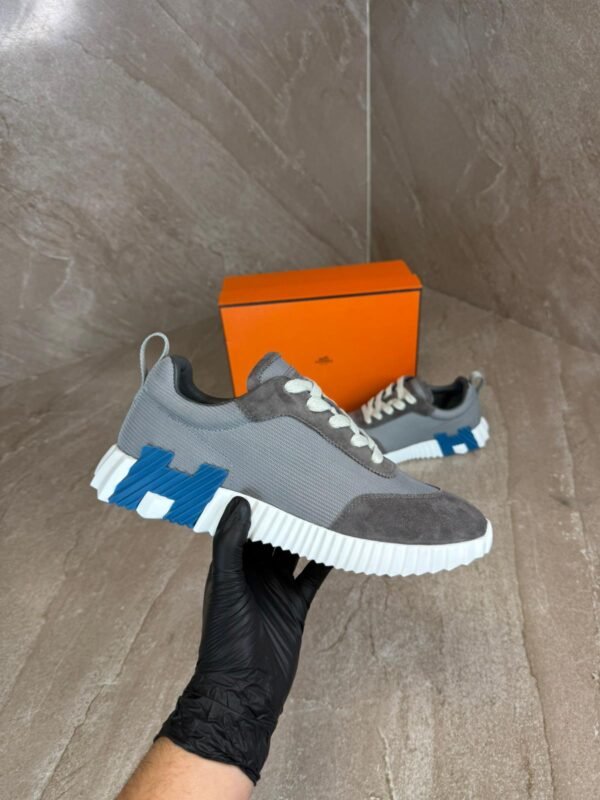 Hermes Bouncing Grey, Blue Logo Sneakers