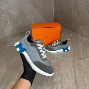 Hermes Bouncing Grey, Blue Logo Sneakers