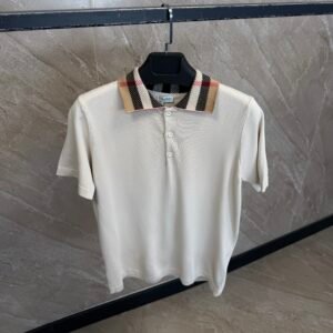 Burberry Check Collar Cotton Polo Shirt Beige