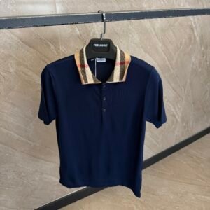Burberry Check Collar Cotton Polo Shirt Dark Blue