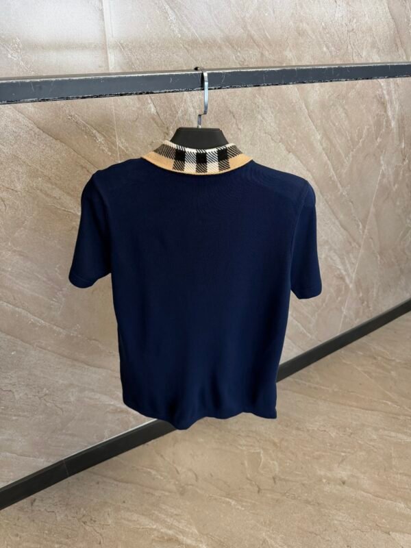 Burberry Check Collar Cotton Polo Shirt Dark Blue