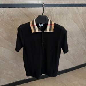 Burberry Check Collar Cotton Polo Shirt Black